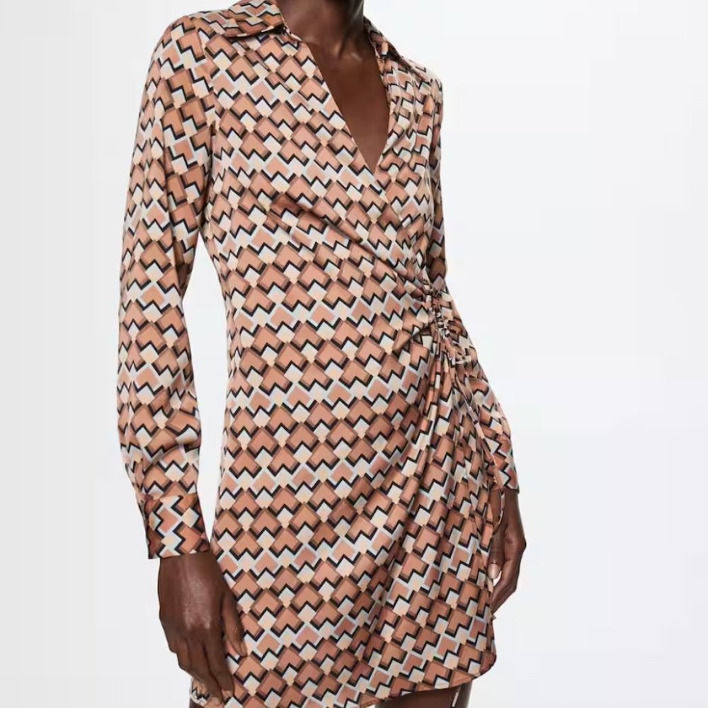 MANGO Print wrap dress long sleeve Size 8